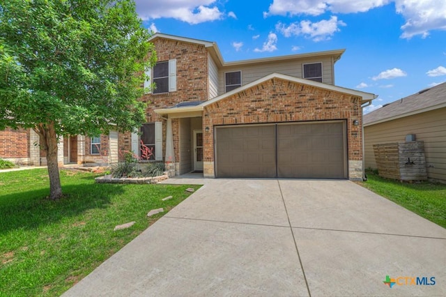 view of front of home featuring a garage, a front lawn, concrete driveway, brick siding, and stone siding