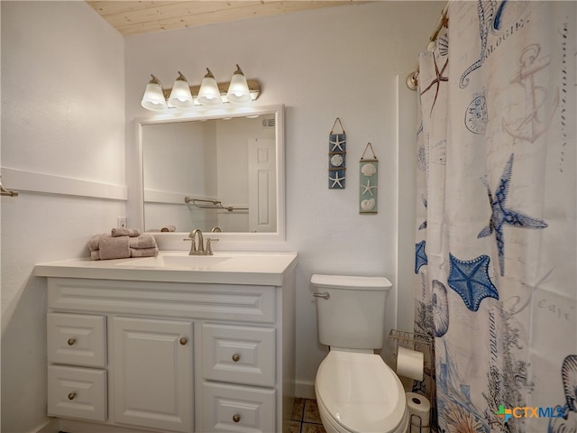 bathroom featuring tile patterned floors, vanity, wood ceiling, curtained shower, and toilet