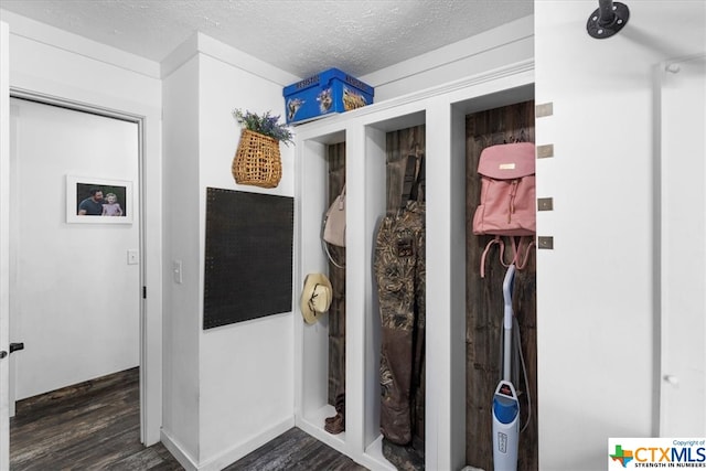 mudroom with dark wood-type flooring and a textured ceiling