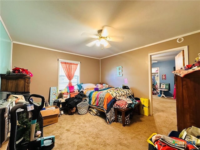 27 County Road 398, TX 77987 - bedroom featuring ceiling fan, carpet flooring, and crown molding
