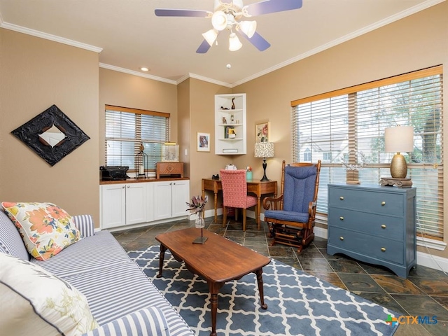 living room featuring ceiling fan and crown molding