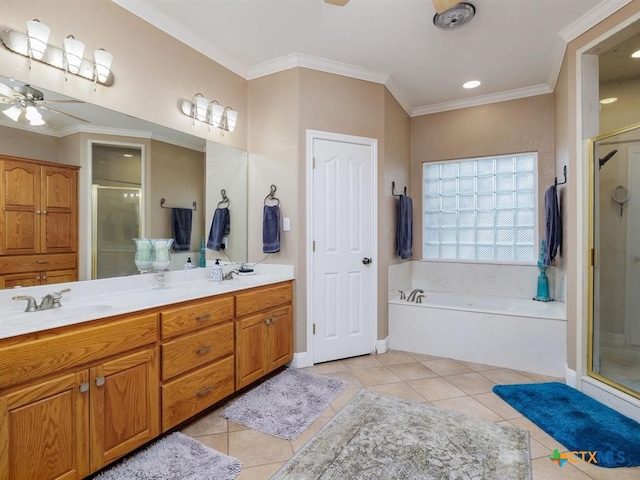 bathroom with separate shower and tub, tile patterned flooring, and crown molding