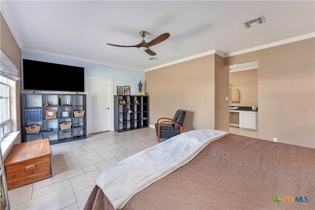 tiled bedroom with ceiling fan and ornamental molding