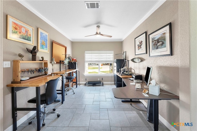 home office with ceiling fan and ornamental molding