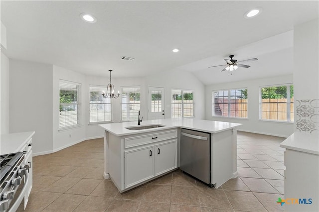 kitchen featuring a sink, visible vents, appliances with stainless steel finishes, light countertops, and light tile patterned floors