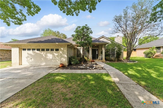 ranch-style home featuring a front lawn, driveway, brick siding, and a garage