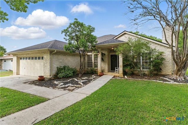 single story home featuring a chimney, a shingled roof, a front lawn, concrete driveway, and a garage