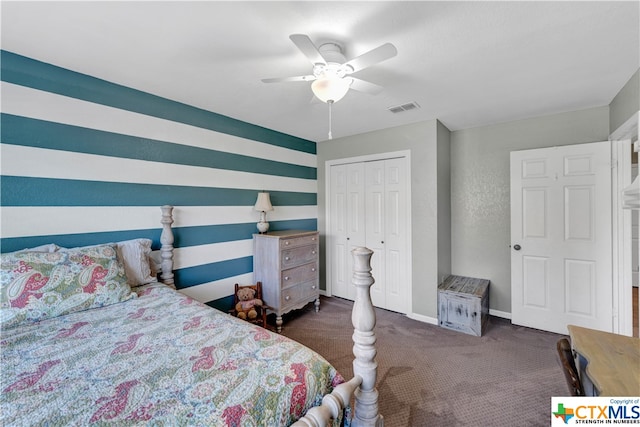 bedroom featuring ceiling fan, a closet, and dark colored carpet