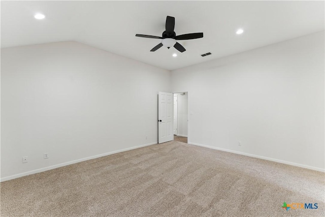 carpeted empty room with recessed lighting, visible vents, baseboards, and ceiling fan