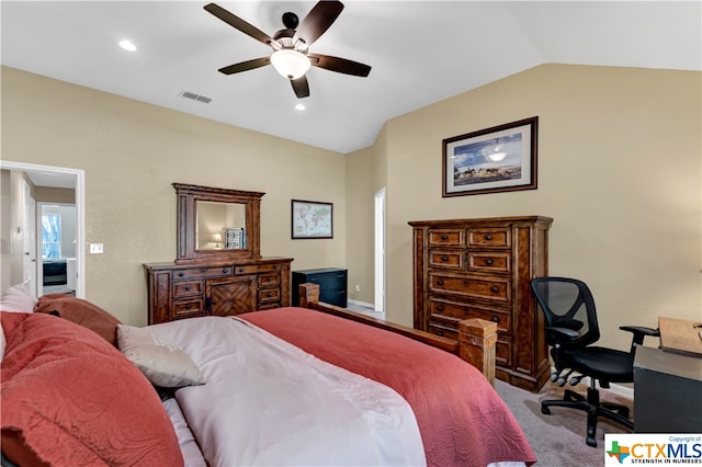 carpeted bedroom featuring ceiling fan and vaulted ceiling