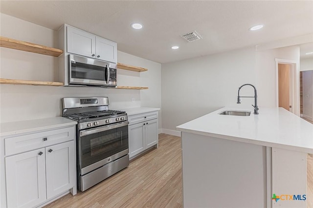 kitchen featuring visible vents, stainless steel appliances, light wood-type flooring, open shelves, and a sink