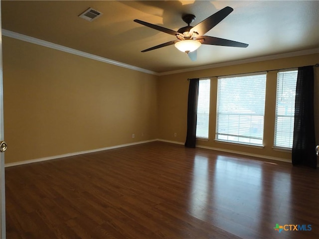 unfurnished room with dark hardwood / wood-style floors, ceiling fan, crown molding, and a wealth of natural light