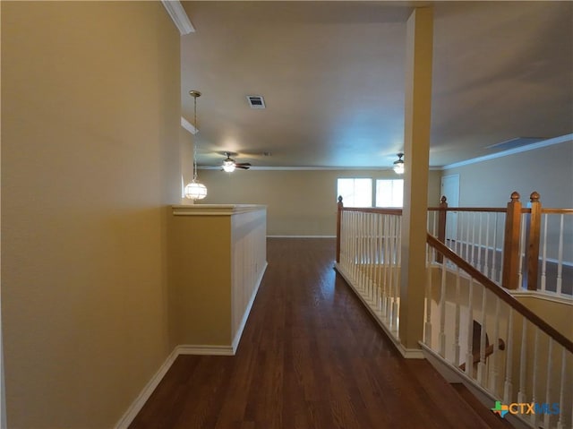 hall featuring dark hardwood / wood-style floors and ornamental molding