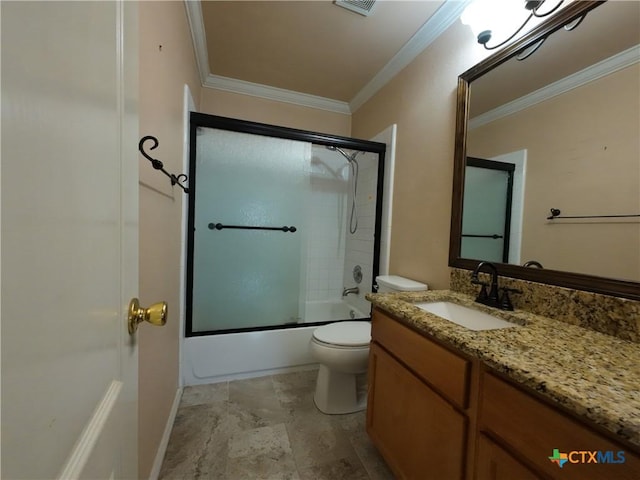 full bathroom featuring shower / bath combination with glass door, vanity, toilet, and crown molding