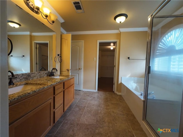 bathroom featuring separate shower and tub, crown molding, tile patterned flooring, and vanity