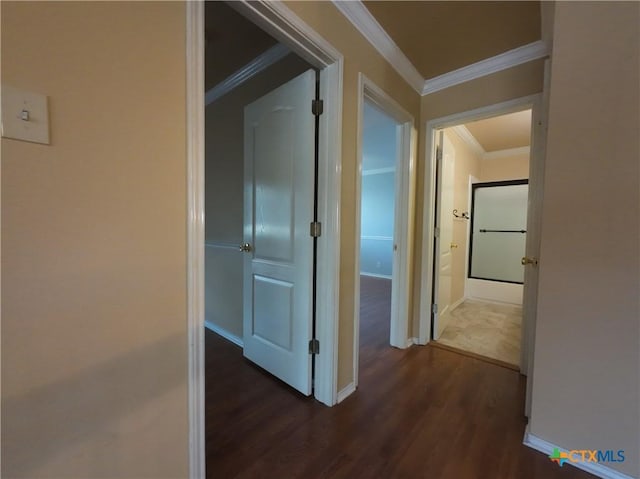 hall with crown molding and dark hardwood / wood-style flooring