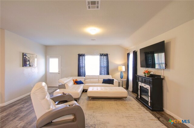 living room with wood-type flooring and lofted ceiling