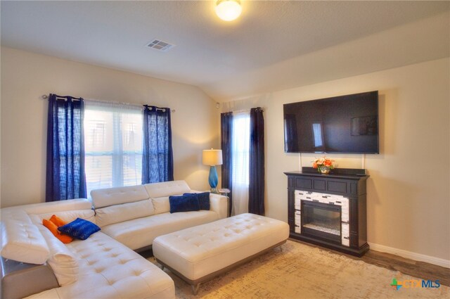 living room with vaulted ceiling and light hardwood / wood-style flooring