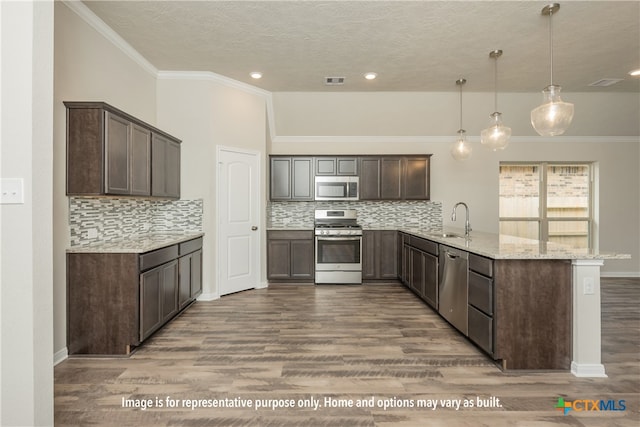 kitchen with kitchen peninsula, appliances with stainless steel finishes, hanging light fixtures, and hardwood / wood-style flooring