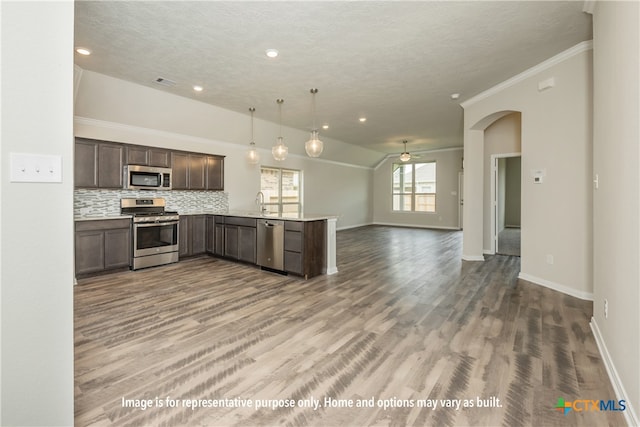 kitchen with stainless steel appliances, hardwood / wood-style flooring, ceiling fan, and kitchen peninsula