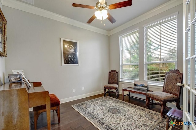 1812 Gibraltar Dr, San Marcos, TX 78666 - sitting room with dark wood-style floors, ornamental molding, baseboards, and a ceiling fan
