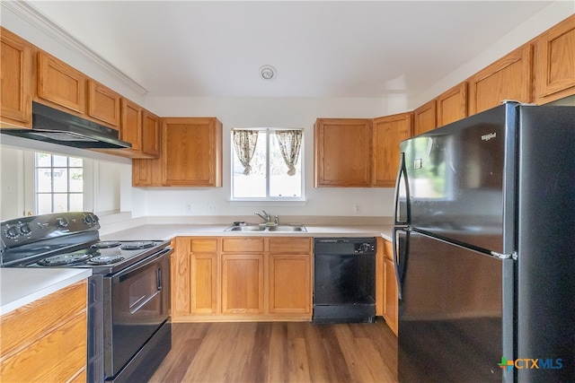 kitchen with a wealth of natural light, sink, black appliances, and dark hardwood / wood-style flooring