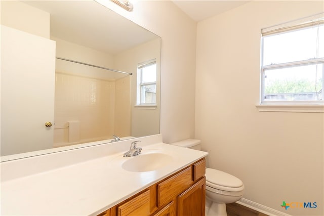 bathroom featuring a shower, vanity, and toilet