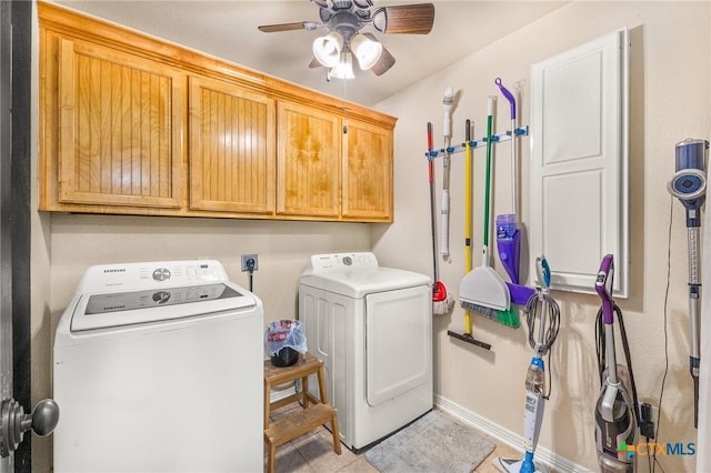 846 Thomas St, Copperas Cove, TX 76522 - laundry area with cabinet space, independent washer and dryer, a ceiling fan, and light tile patterned floors