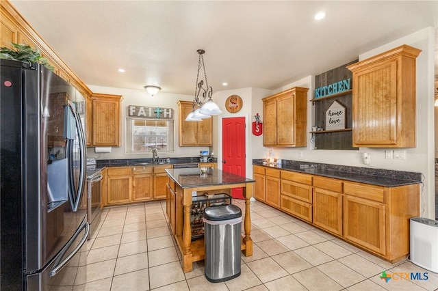 846 Thomas St, Copperas Cove, TX 76522 - kitchen with fridge with ice dispenser, open shelves, stainless steel range with electric stovetop, light tile patterned floors, and recessed lighting