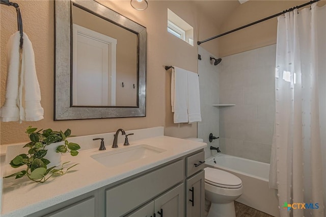 full bathroom with toilet, hardwood / wood-style floors, vanity, and shower / tub combo with curtain