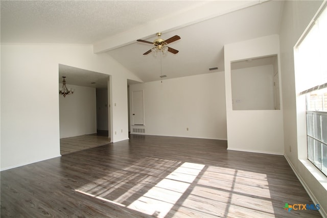 spare room featuring high vaulted ceiling, ceiling fan with notable chandelier, a textured ceiling, beamed ceiling, and dark hardwood / wood-style flooring