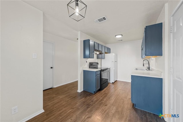 4701 Ridgehaven Dr, Killeen, TX 76543 - kitchen featuring black range with electric cooktop, a sink, blue cabinets, dark wood-style flooring, and light countertops