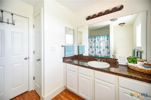 24135 State Highway 172, Port Lavaca, TX 77979 - bathroom featuring vanity, wood finished floors, and curtained shower