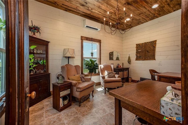 24135 State Highway 172, Port Lavaca, TX 77979 - office space featuring a wall mounted AC, wood ceiling, wood walls, and a chandelier