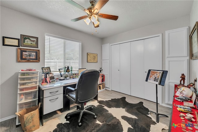 office space with a textured ceiling, light hardwood / wood-style flooring, and ceiling fan