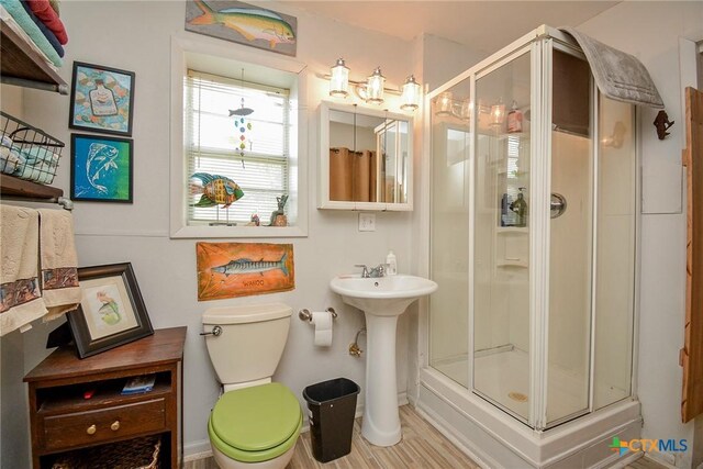 bathroom with sink, a shower with shower door, and toilet