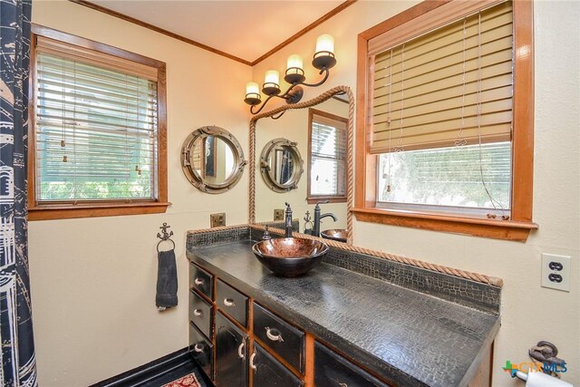 bathroom with vanity and crown molding