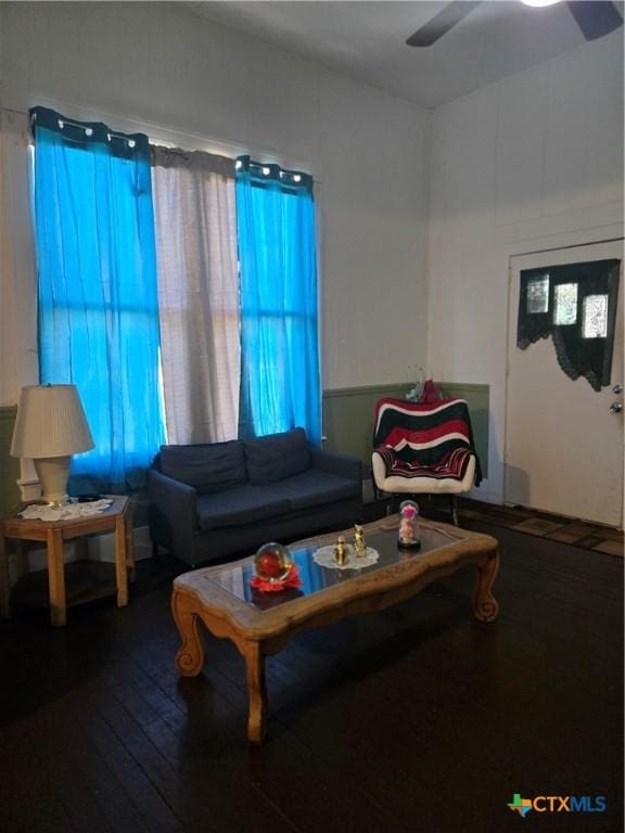 living room with ceiling fan and hardwood / wood-style floors