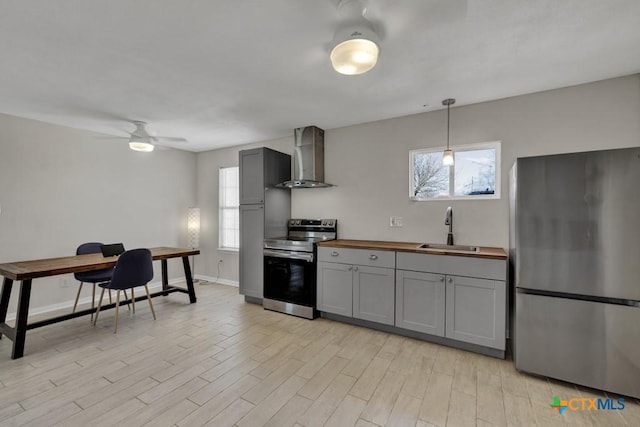 kitchen with a wealth of natural light, gray cabinetry, appliances with stainless steel finishes, a sink, and wall chimney exhaust hood