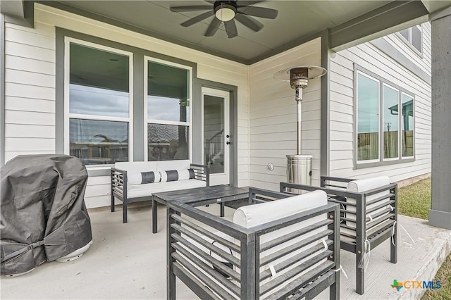650 Texas Sage Loop, Buda, TX 78610 - view of patio / terrace with ceiling fan, an outdoor living space, and grilling area