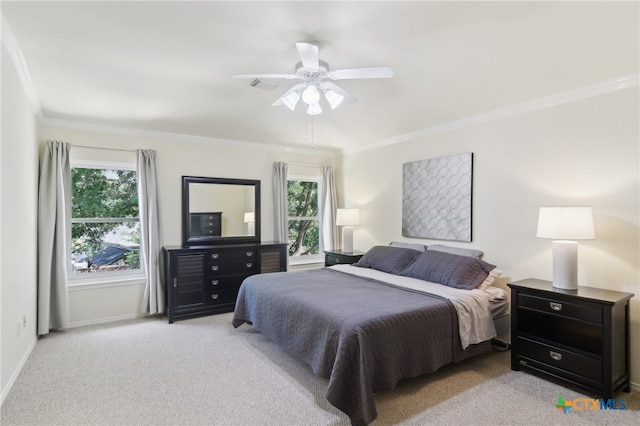 19303 Anna Kate Ct, Pflugerville, TX 78660 - bedroom featuring light colored carpet, crown molding, baseboards, and a ceiling fan