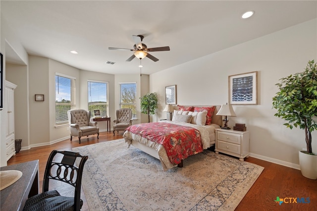 182 Emma Loop, Austin, TX 78737 - bedroom with baseboards, wood finished floors, recessed lighting, and ceiling fan