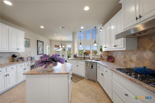 182 Emma Loop, Austin, TX 78737 - kitchen with stainless steel appliances, under cabinet range hood, recessed lighting, decorative backsplash, and white cabinetry