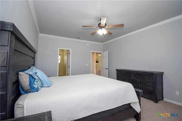 bedroom featuring ceiling fan, light carpet, and ornamental molding