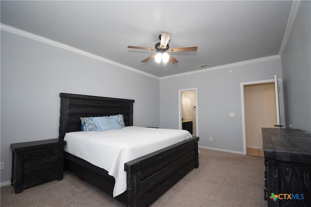 carpeted bedroom featuring ornamental molding, ceiling fan, and ensuite bathroom