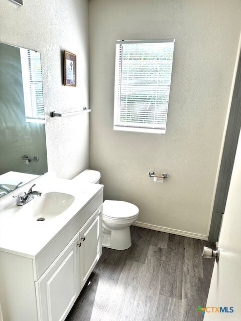 4505 Mustang Dr, Killeen, TX 76549 - bathroom with a wealth of natural light, toilet, vanity, and wood finished floors