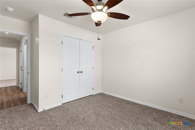 5002 Rose Garden Loop, Killeen, TX 76542 - unfurnished bedroom with a ceiling fan, visible vents, baseboards, a closet, and carpet flooring