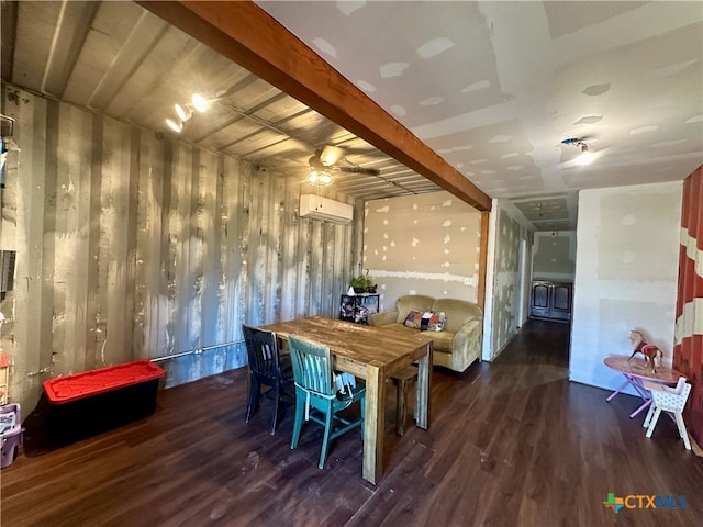 dining room featuring beamed ceiling, dark hardwood / wood-style floors, and an AC wall unit