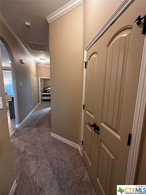 hallway with carpet floors and crown molding