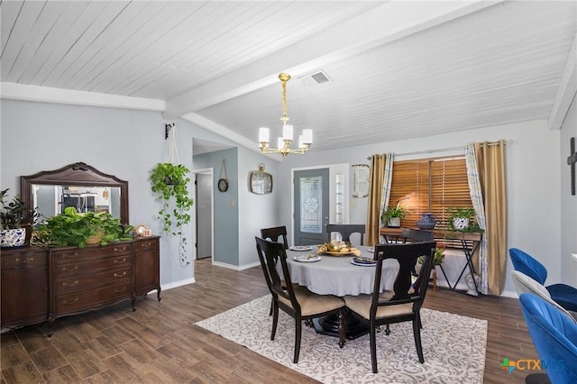 dining area featuring visible vents, wood finished floors, baseboards, a chandelier, and vaulted ceiling with beams